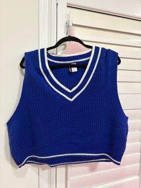 Blue V-Neck Cropped Sweater Vest with White Trim